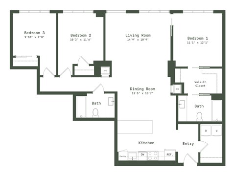 Floor plan for 3 beds, 2 baths, 1392 sqft